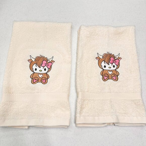 Hello Kitty Highland Cow Towels Embroidered Hand Towel Set Pink Beige Bathroom - Picture 2 of 5